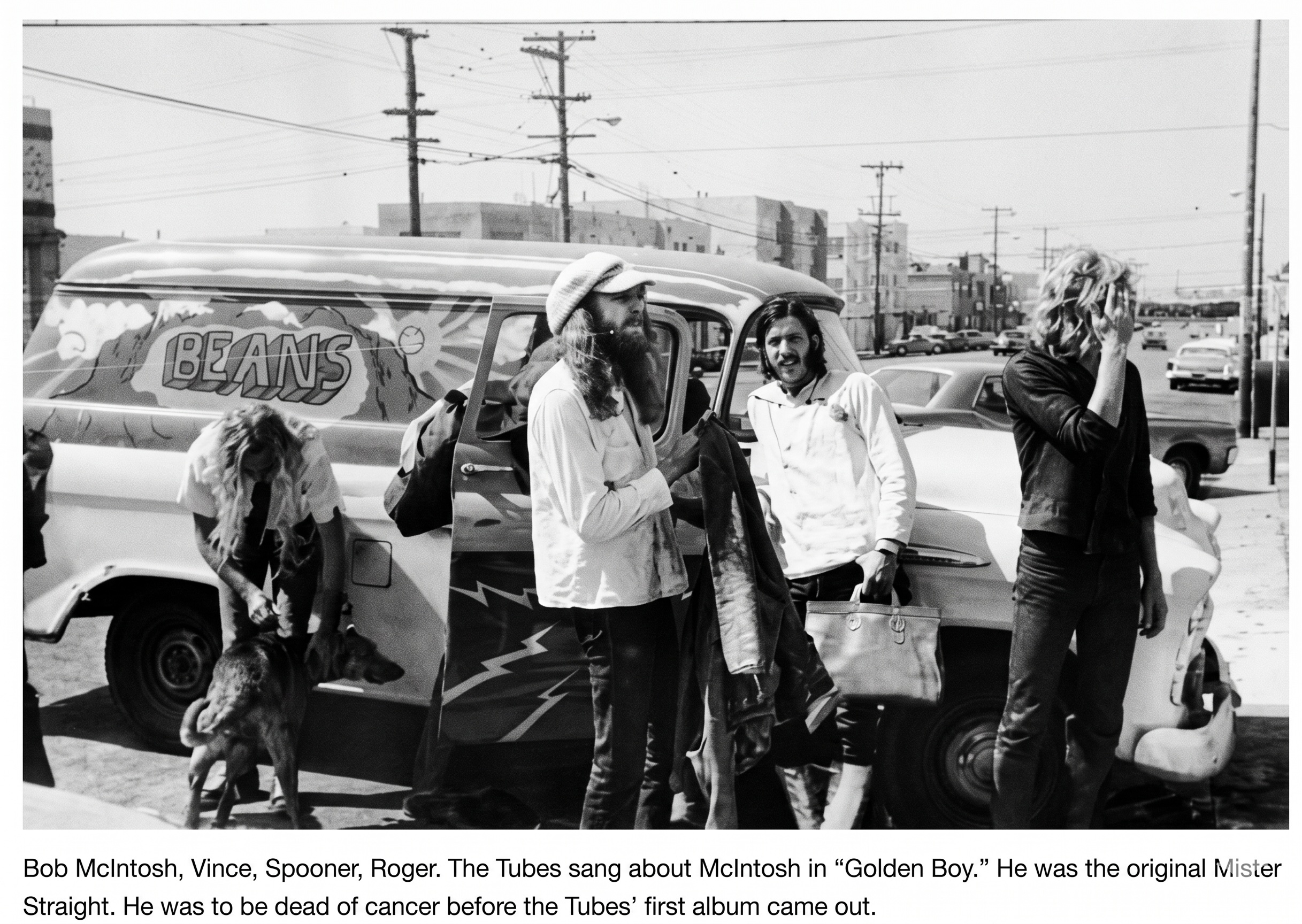 Archival article clipping — Bob McIntosh, Vince Welnick, Bill Spooner, Roger Steen with the Beans van. McIntosh was the inspiration for 'Golden Boy.'
