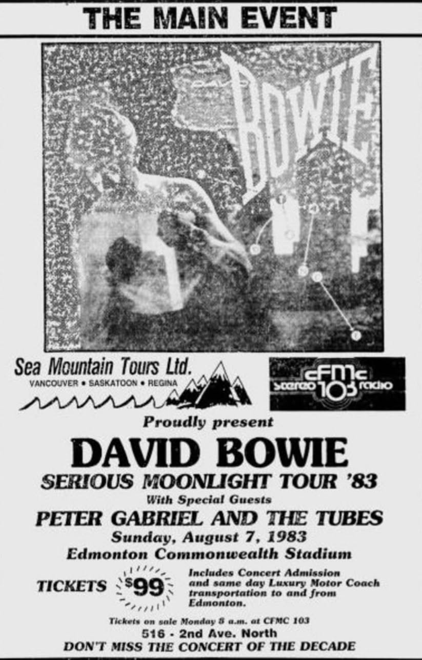 Newspaper advertisement for David Bowie's Serious Moonlight Tour at Edmonton Commonwealth Stadium, 7 August 1983, with special guests Peter Gabriel and The Tubes