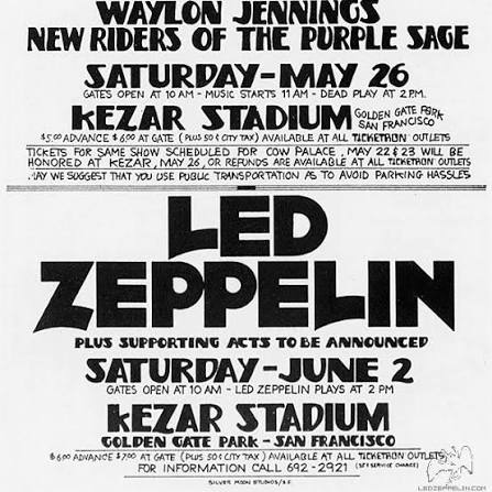 Bill Graham Presents handbill for Kezar Stadium — Led Zeppelin, Saturday June 2 1973, plus supporting acts to be announced