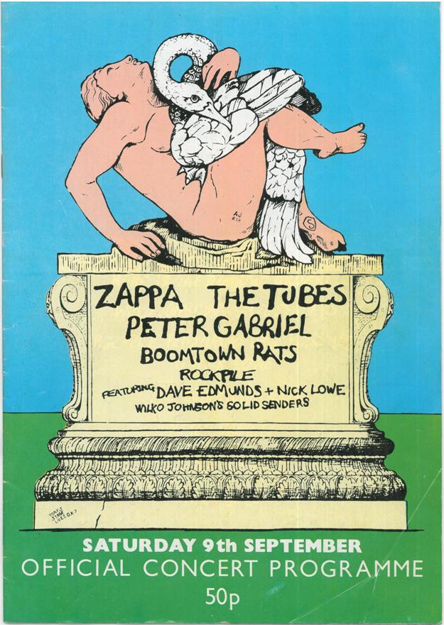 Official concert programme cover, Knebworth 9 September 1978 — Zappa, The Tubes, Peter Gabriel, Boomtown Rats, Rockpile featuring Dave Edmunds and Nick Lowe, Wilko Johnson's Solid Senders