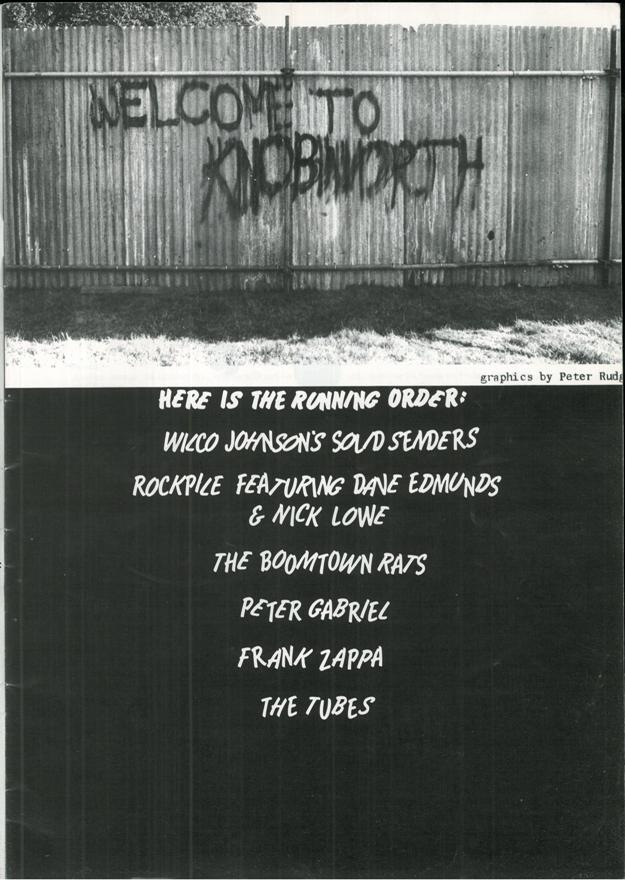 Knebworth 1978 programme running order: Wilko Johnson's Solid Senders, Rockpile featuring Dave Edmunds and Nick Lowe, The Boomtown Rats, Peter Gabriel, Frank Zappa, The Tubes