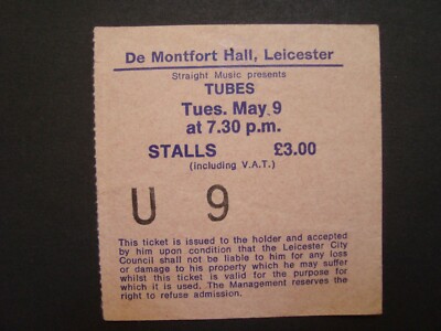 Ticket stub: Straight Music presents Tubes, De Montfort Hall Leicester, Tuesday 9 May at 7.30pm, stalls, three pounds