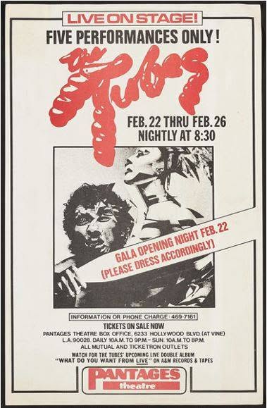 Poster: The Tubes live on stage at the Pantages Theatre, five performances only, February 22 through 26, nightly at 8:30
