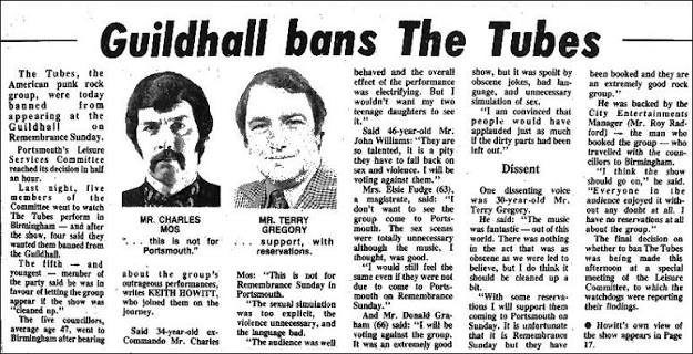 Newspaper report headlined &lsquo;Guildhall bans The Tubes&rsquo;, Portsmouth, November 1977, with photographs of councillors Charles Mos and Terry Gregory