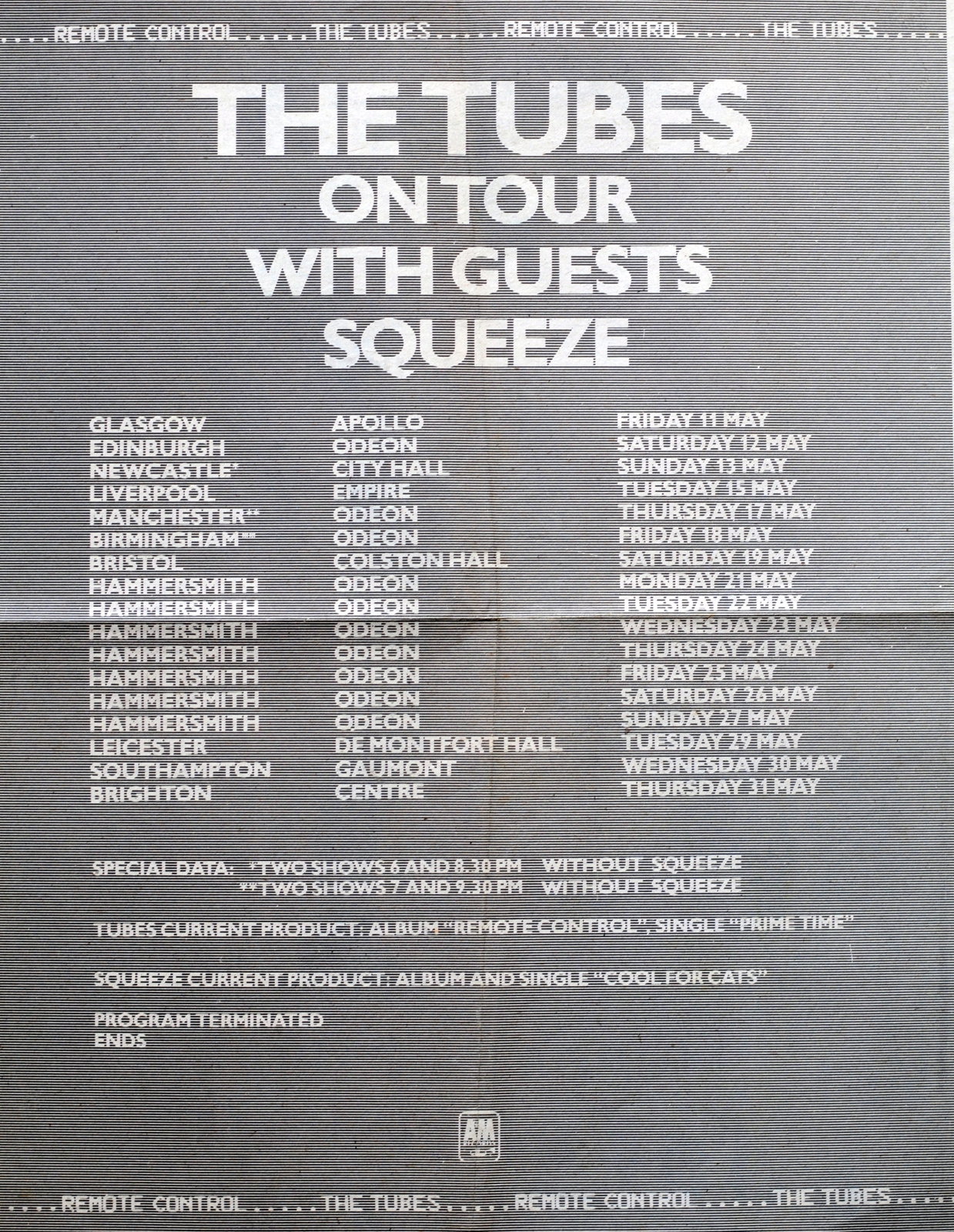 The Tubes On Tour With Guests Squeeze — UK itinerary, May 1979, Remote Control tour