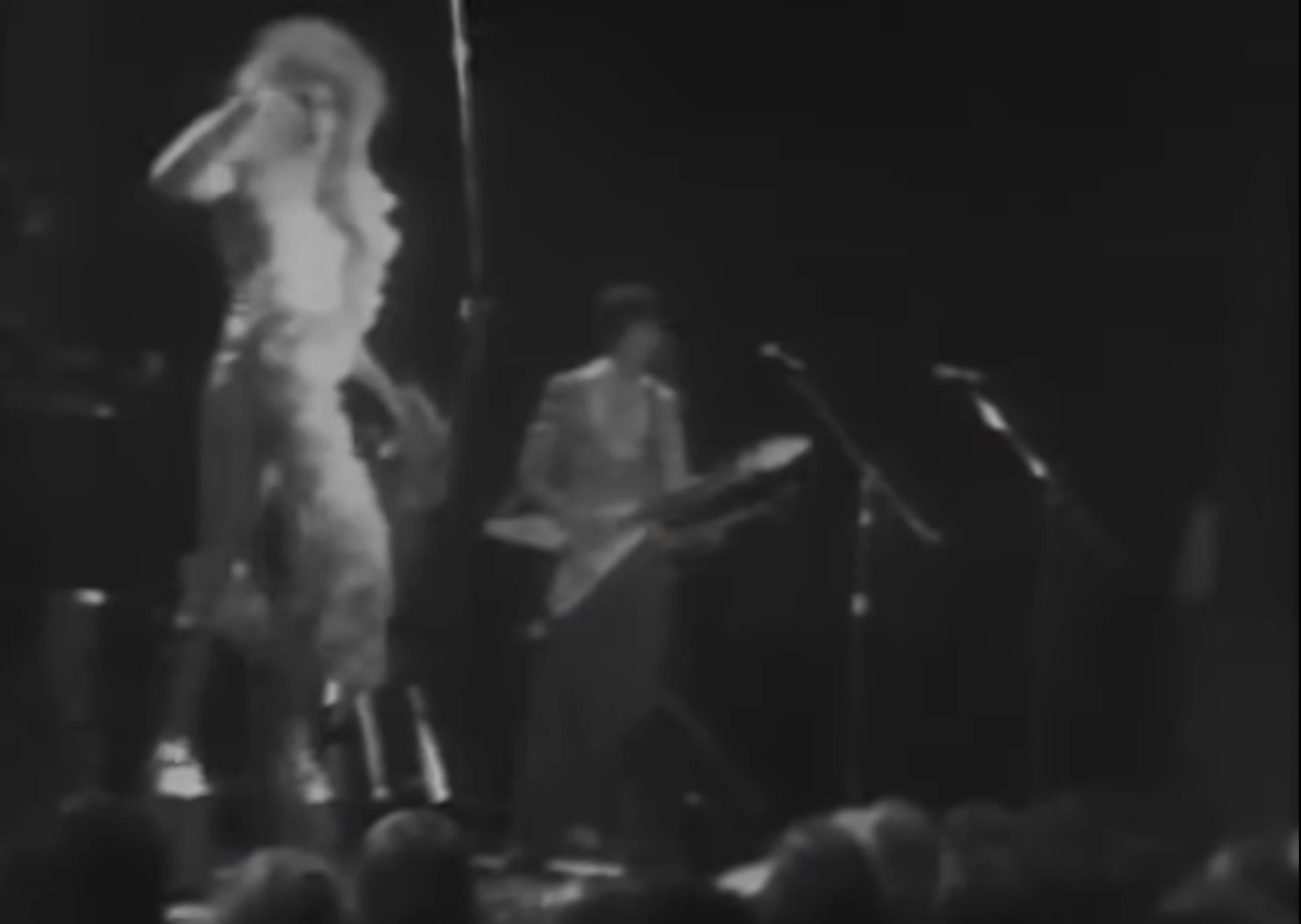 The Tubes on stage at Winterland, Halloween 1974 — a costumed performer at the mic beside a guitarist, shot from the crowd