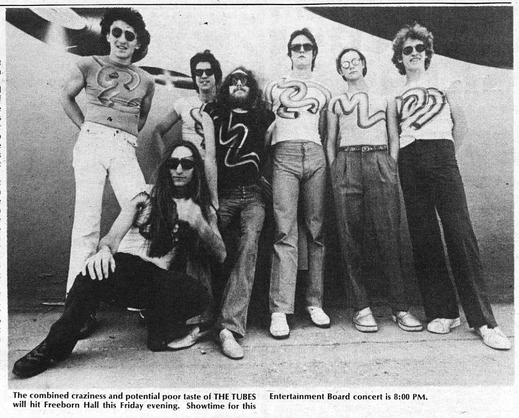The Tubes early promo photo — alphabet shirts