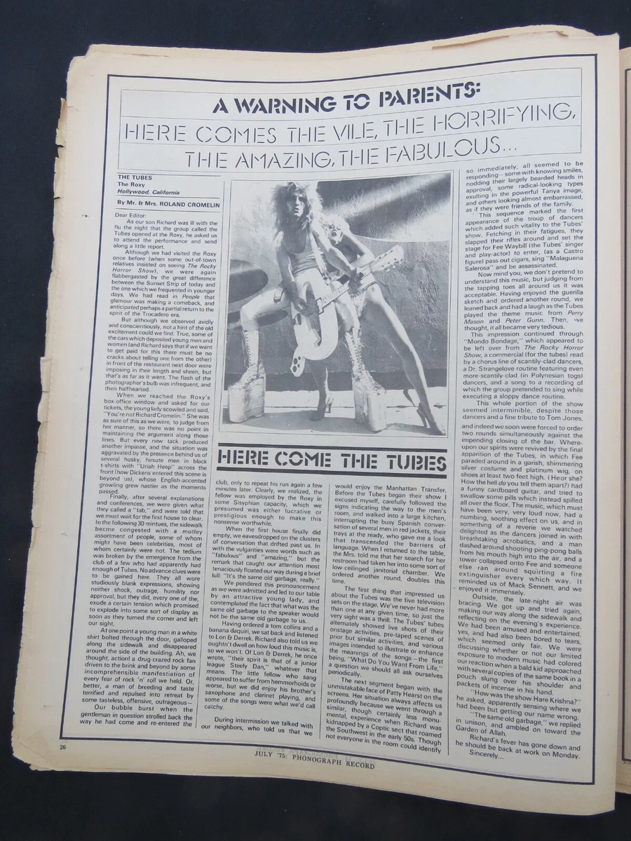 Newspaper review clipping — 'A Warning to Parents: Here Comes The Vile, The Horrifying, The Amazing, The Fabulous — Here Come The Tubes!'